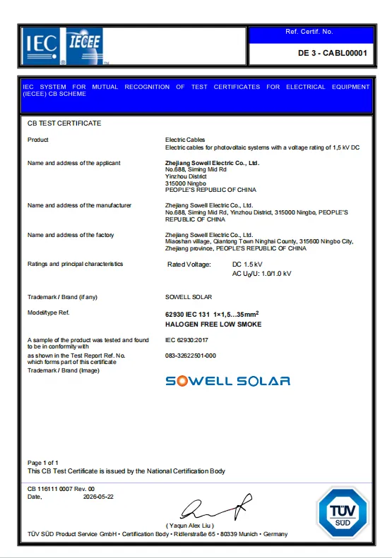 Fotovoltaični kabli SOWELLSOLAR prejeli priznanje certifikata TÜV SÜD IECEE-CB